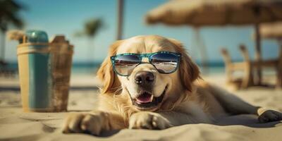 AI generated Golden Retriever dog is on summer vacation at seaside resort and relaxing rest on summer beach of Hawaii. AI Generative photo