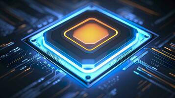 AI generated Top View of a Chip with Glowing Light and Fog in Orange and Blue. AI Generative photo