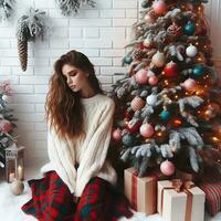 ai generado hermosa niña siguiente a el decorado Navidad árbol foto