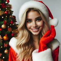 AI generated Beautiful girl in Santa Claus clothes next to the Christmas tree photo