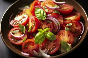 AI generated Healthy tomato salad with onion basil olive oil and balsamic vinegar. AI Generated photo