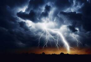 AI generated Lightning strikes on a cloudy dramatic stormy sky. AI Generated photo