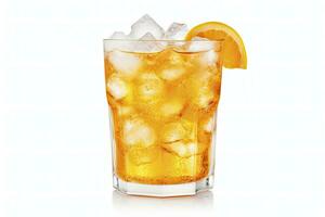 AI generated A glass of orange soda water with ice cubes on white background. AI Generated photo