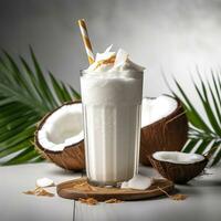 AI generated Coconut milk shake glass with fresh sliced coconut. Generative AI photo