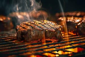 AI generated Meat grilling on a charcoal grill with smoke rising. AI Generated photo