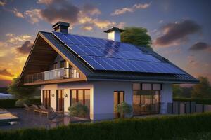 AI generated Modern house with blue solar panels on the roof. End of the day, sunset. AI Generated photo