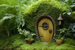 AI generated Little magic wooden fairy doors and plants leave on a mossy natural green background. AI Generated photo