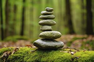 ai generado pirámide piedras equilibrar en antiguo cubierto de musgo caído árbol. ai generado foto