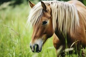 ai generado marrón caballo con rubio pelo come césped en un verde prado detalle desde el cabeza. ai generado foto