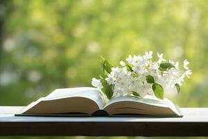 AI generated Jasmine flowers in a vase and open book on the table, green natural background. AI Generated photo