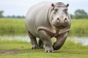 AI generated Hippopotamus Walking in a green field. AI Generated photo