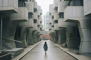 AI generated Woman walking in futuristic brutalist city street.  AI Generated. photo