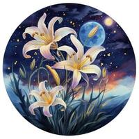 AI generated Watercolor fairy lilies blooming under a starry night sky on a white background. AI Generated photo