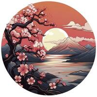 AI generated Cherry blossoms in the sunset background. Japanese tattoo style. AI Generated photo