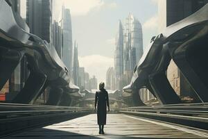 AI generated Woman walking in futuristic brutalist city street.  AI Generated. photo