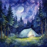 AI generated A Camping Tent in the forest with Night sky, watercolor for T-shirt Design. AI Generated photo