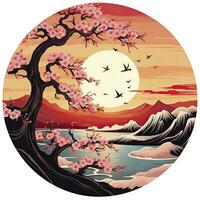 AI generated Cherry blossoms in the sunset background. Japanese tattoo style. AI Generated photo