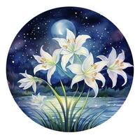 AI generated Watercolor fairy lilies blooming under a starry night sky on a white background. AI Generated photo