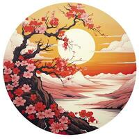 AI generated Cherry blossoms in the sunset background. Japanese tattoo style. AI Generated photo