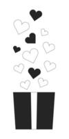 Bunch hearts gift box black and white 2D line cartoon object. Present with love isolated vector outline item. Special affection showing. 14 february valentine day monochromatic flat spot illustration