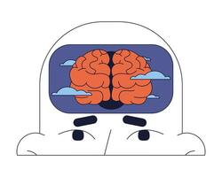 Brain fog 2D linear illustration concept. Fatigue mental clouding cartoon character head isolated on white. Burnout syndrome. Seasonal affective disorder metaphor abstract flat vector outline graphic