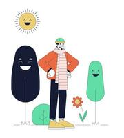 Good mood on winter sunny day 2D linear illustration concept. Feeling better caucasian man cartoon character isolated on white. Light therapy benefit metaphor abstract flat vector outline graphic