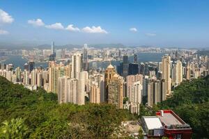 view of victoria harbour and hong kong island over victoria peak in hongkong, china photo