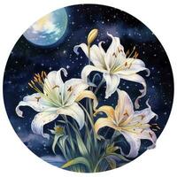 AI generated Watercolor fairy lilies blooming under a starry night sky on a white background. AI Generated photo