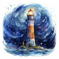 AI generated Lighthouse beside the sea at Night. watercolor for T-shirt design. AI Generated photo