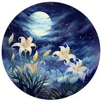 AI generated Watercolor fairy lilies blooming under a starry night sky on a white background. AI Generated photo