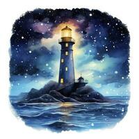 AI generated Lighthouse beside the sea at Night. watercolor for T-shirt design. AI Generated photo