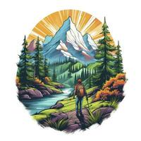 AI generated Vibrant colors wilderness hiking scene for t-shirt. AI Generated photo