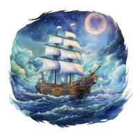 AI generated Night sea ship watercolor style for T-shirt design. AI Generated photo