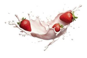 ai generado Leche o yogur chapoteo con fresas aislado en blanco fondo, 3d representación. ai generado foto