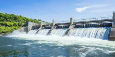 ai generado hidroeléctrico represa generando verde energía desde fluido agua. ai generado. foto