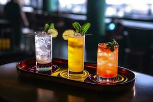 AI generated Glasses alcohol cocktail set on a waiter tray in bar. AI Generated photo