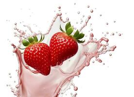 AI generated milk or yogurt splash with strawberries isolated on white background, 3d rendering. AI Generated photo