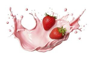 AI generated milk or yogurt splash with strawberries isolated on white background, 3d rendering. AI Generated photo