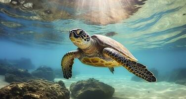 AI generated Photo of Sea turtle in the Galapagos island. Generative AI