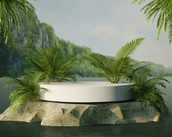 AI generated Stone product display podium for cosmetic product with green nature garden background. Generative AI photo