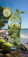 AI generated Stunning photo of cocktail mojito, a sunny summer beach in the background. Generative AI