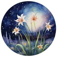 AI generated Watercolor fairy lilies blooming under a starry night sky on a white background. AI Generated photo