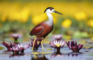 AI generated Colorful African wader with long toes next to violet water lily in water. Generative AI photo