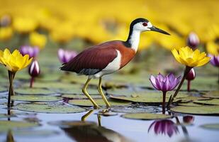 AI generated Colorful African wader with long toes next to violet water lily in water. Generative AI photo