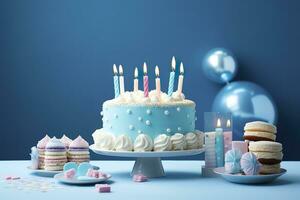 AI generated Birthday cake with candles and sweets on white table near blue wall. Generative AI photo