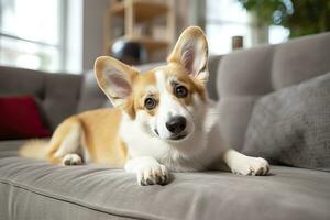 AI generated Beautiful, smart, calm purebred corgi dog lying on on sofa in living room. Generative AI photo