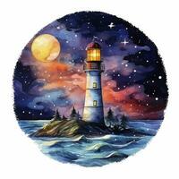 AI generated Lighthouse beside the sea at Night. watercolor for T-shirt design. AI Generated photo