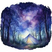 AI generated A Camping Tent in the forest with Night sky, watercolor for T-shirt Design. AI Generated photo