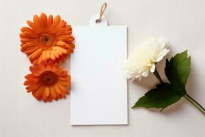 ai generado un Bosquejo de un blanco tarjeta y un etiqueta mentiras en un mesa con primavera flores foto