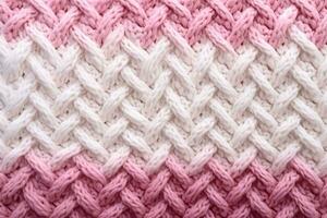 AI generated Macro photography of the texture of a knitted pattern in close-up, white and pink colors photo